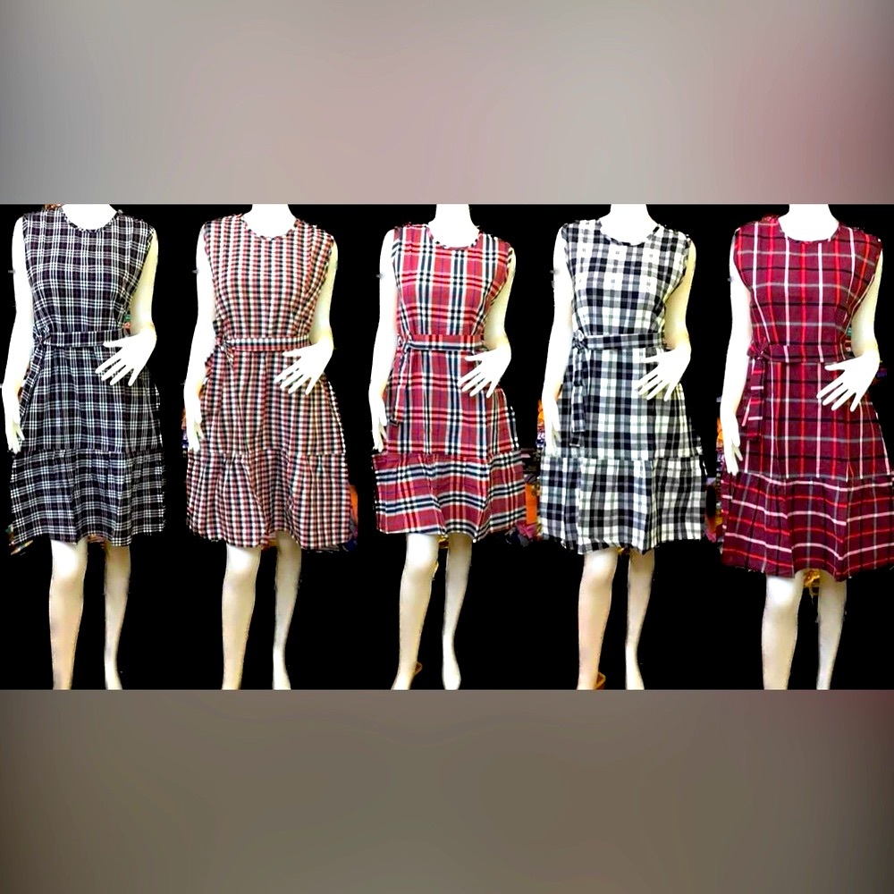Polished neutral plaid A-line statement dress with a removable self-tie belt. - Picture 9 of 11